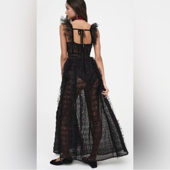 NWT For Love and Lemons Janelle Black Pink Polka Dot Tiered Ruffle Maxi Dress - Picture 4 of 14